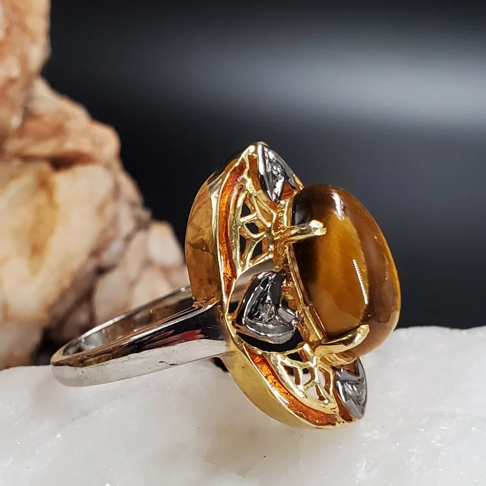 Sterling Silver 925/18k Gold Ring Tiger Eye Raw Diamonds Unique Designer Jewelry